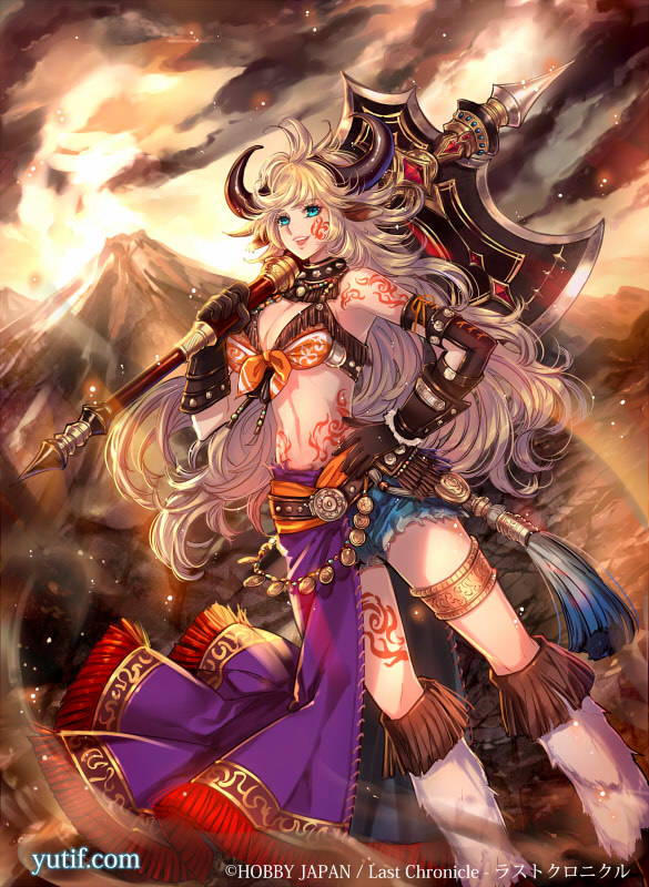 1girl aqua_eyes artist_name axe blonde_hair breasts brown_gloves cleavage copyright_name gloves hand_on_hip holding_axe horns last_chronicle legband long_hair midriff mountain official_art open_mouth outdoors over_shoulder solo standing tattoo watermark weapon yutif