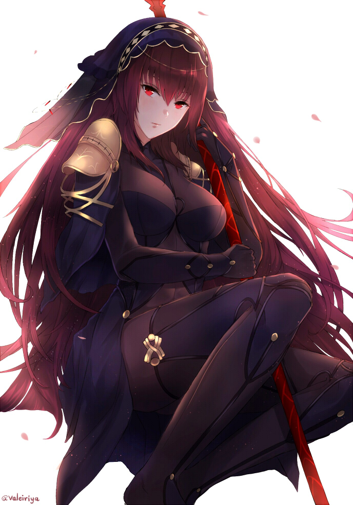 1girl bodysuit breasts fate/grand_order fate_(series) gae_bolg kachiino long_hair looking_at_viewer pauldrons polearm purple_hair red_eyes scathach_(fate/grand_order) simple_background solo spear veil weapon