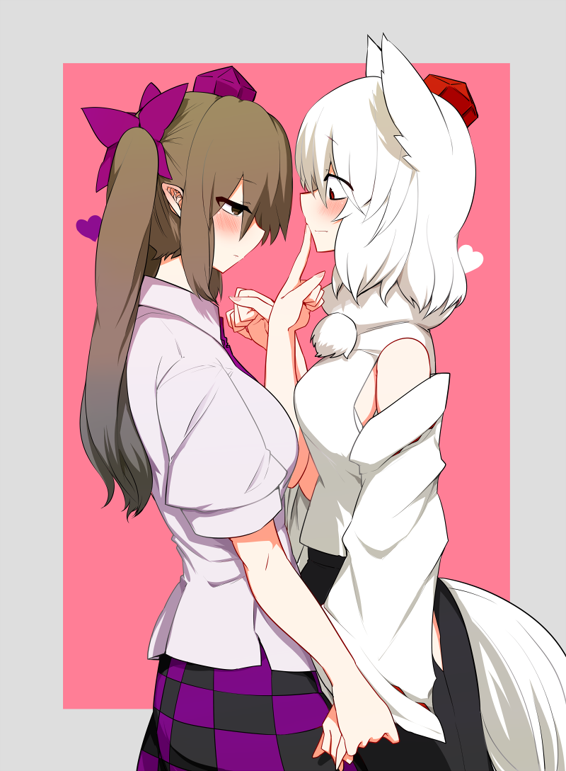 2girls albino animal_ears bare_shoulders black_skirt blush breasts brown_eyes brown_hair checkered checkered_skirt closed_mouth cowboy_shot detached_sleeves eyebrows eyebrows_visible_through_hair finger_to_mouth from_side grey_border hair_ribbon half-closed_eyes hat heart himekaidou_hatate hip_vent index_finger_raised inubashiri_momiji long_sleeves medium_breasts mizuga multiple_girls nail_polish pink_background pink_hat pink_nails pink_ribbon pink_shirt pom_pom_(clothes) profile puffy_short_sleeves puffy_sleeves red_eyes ribbon shirt short_sleeves simple_background skirt standing sweater_vest tokin_hat touhou turtleneck white_hair wide_sleeves wolf_ears wrist_grab yuri