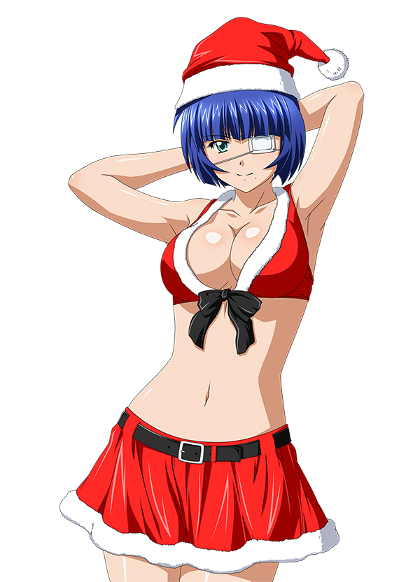1girl armpits arms_behind_head belt blue_hair bra breasts cleavage collarbone cowboy_shot eyepatch green_eyes hat ikkitousen large_breasts looking_at_viewer midriff mole mole_under_mouth navel red_bra red_hat red_skirt ryomou_shimei santa_costume santa_hat short_hair skirt smile solo underwear
