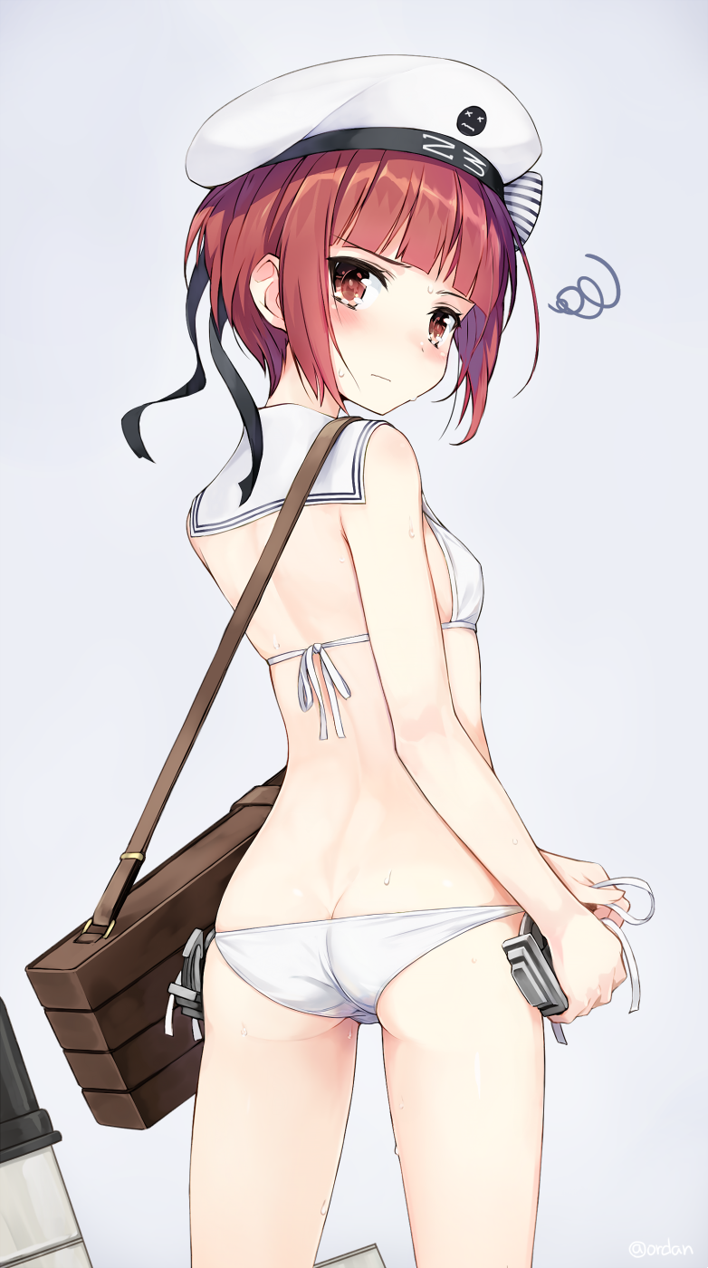 1girl amagai_tarou ass bag bare_shoulders beret bikini blush bow breasts butt_crack character_name clothes_writing commentary_request dressing from_behind hair_bow hat highres kantai_collection looking_at_viewer looking_back over_shoulder red_eyes redhead revision ribbon sailor_bikini sailor_collar sailor_hat short_hair side-tie_bikini small_breasts solo squiggle standing striped striped_bow sweatdrop swimsuit twitter_username tying white_bikini white_hat white_ribbon x_x z3_max_schultz_(kantai_collection)