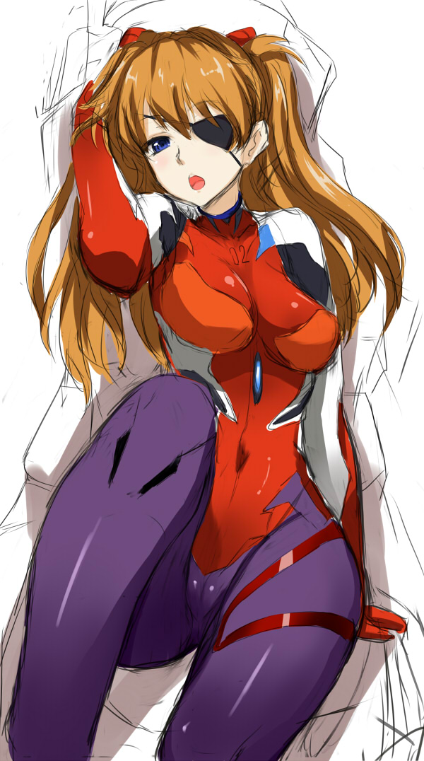 1girl blue_eyes blush bodysuit brown_hair evangelion:_3.0_you_can_(not)_redo eyepatch kamishiro_ryuu long_hair neon_genesis_evangelion open_mouth orange_hair pilot_suit plugsuit rebuild_of_evangelion shikinami_asuka_langley solo souryuu_asuka_langley