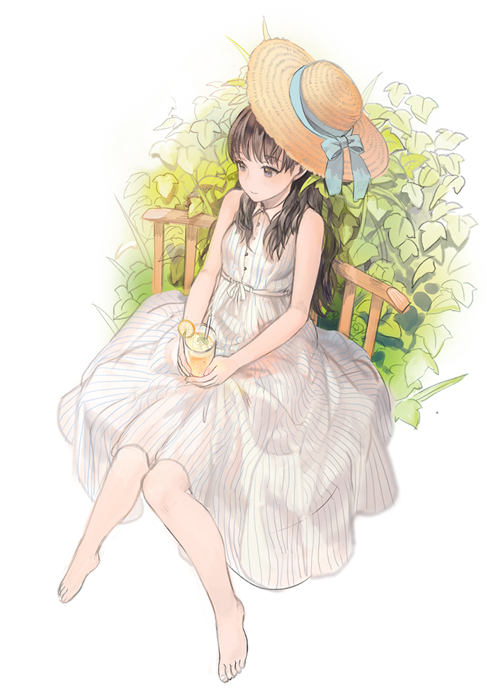 1girl bare_legs barefoot blue_bow blush bow brown_eyes brown_hair chair closed_mouth collared_dress cup dress drink drinking_glass food from_above fruit full_body hat hat_bow hat_ornament holding_glass knees_together_feet_apart lemon lemon_slice lemonade liquid long_hair looking_to_the_side original plant sime_(echo) sitting sleeveless sleeveless_dress smile solo straw_hat striped sundress vertical-striped_dress vertical_stripes wing_collar