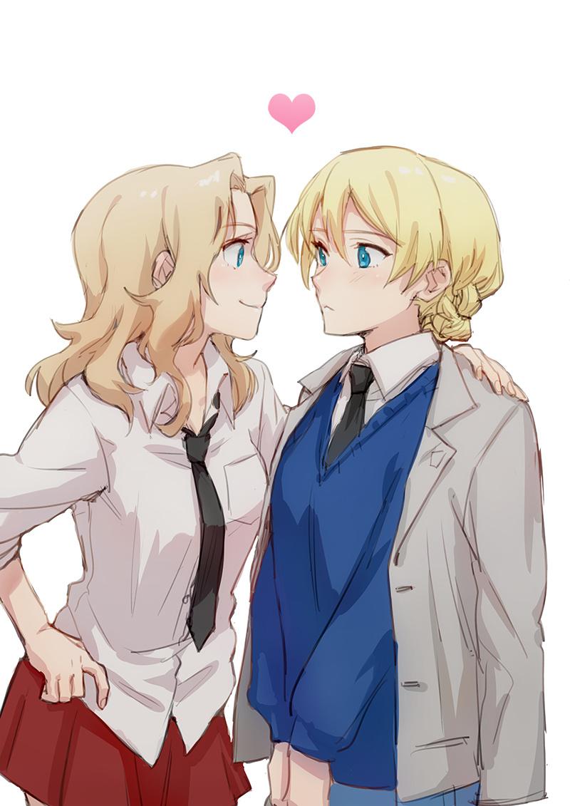 2girls blonde_hair blue_eyes blush darjeeling eye_contact girls_und_panzer hand_on_another's_shoulder heart jacket_on_shoulders kay_(girls_und_panzer) long_hair looking_at_another multiple_girls necktie red_skirt short_hair simple_background sketch skirt smile soramame_(corndog) sweater v_arms white_background