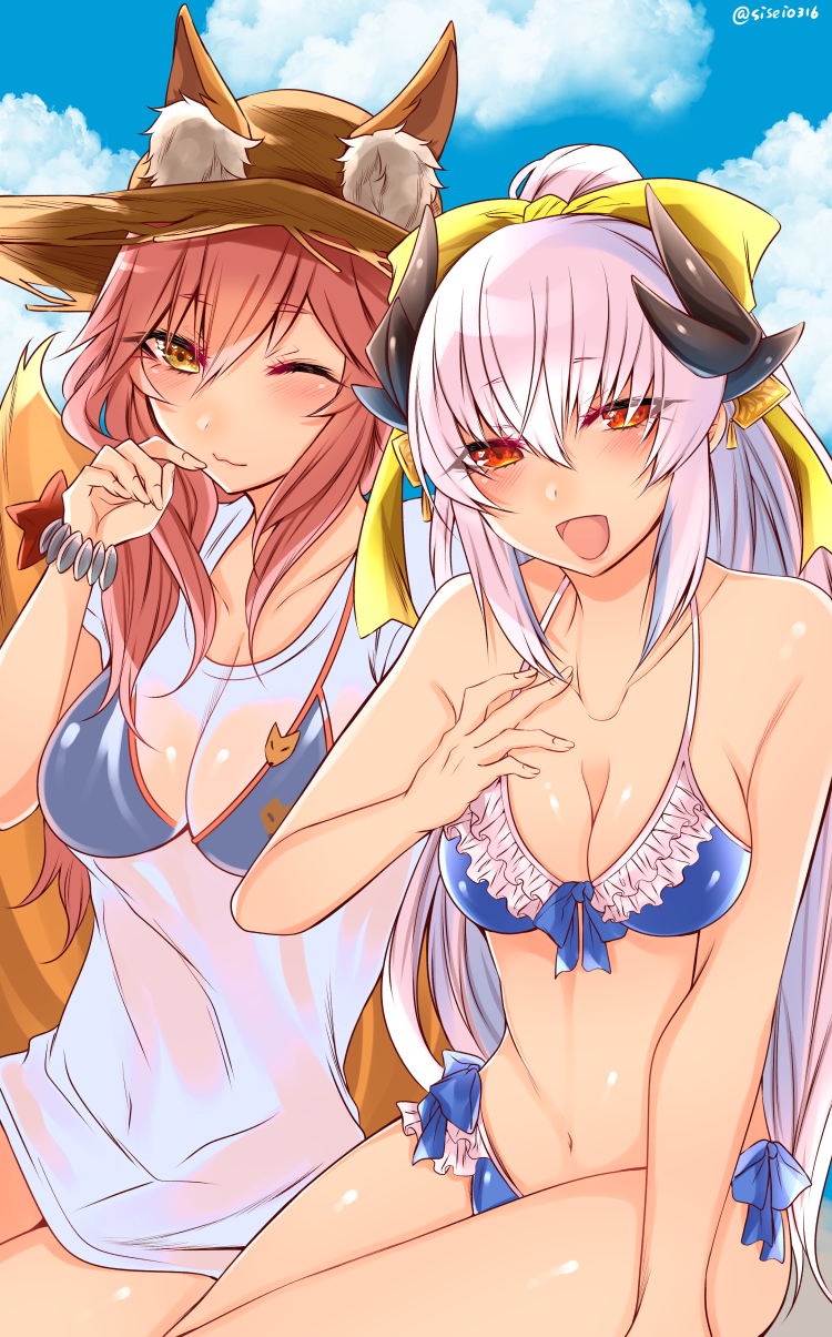 2girls :d ;3 animal_ears bikini blush bow bracelet breasts caster_(fate/extra) cleavage fate/grand_order fate_(series) fox_ears fox_tail hair_bow hat highres horns jewelry kiyohime_(fate/grand_order) large_breasts long_hair looking_at_viewer midriff multiple_girls navel open_mouth pink_hair red_eyes shisei_(kyuushoku_banchou) smile swimsuit swimsuit_under_clothes tail twitter_username yellow_eyes