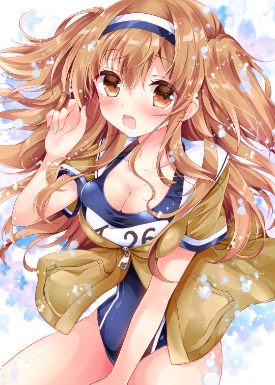 1girl blazer breasts brown_eyes brown_hair cleavage hairband i-26_(kantai_collection) jacket kantai_collection large_breasts light_brown_eyes light_brown_hair long_hair new_school_swimsuit nogi_takayoshi sailor_collar school_swimsuit short_sleeves swimsuit swimsuit_under_clothes twintails two_side_up