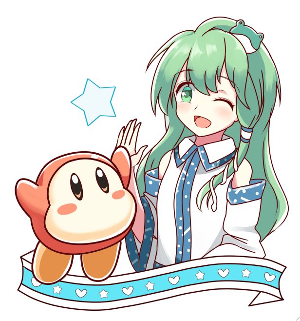 1girl bare_shoulders blush_stickers brown_eyes crossover detached_sleeves frog_hair_ornament green_eyes green_hair hair_ornament hair_tubes igakusei kirby_(series) kochiya_sanae long_hair one_eye_closed open_mouth snake_hair_ornament star touhou waddle_dee white_background