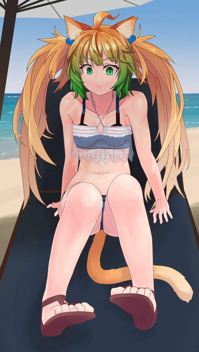 1girl :&lt; ahoge animal_ears archer_of_red barefoot_sandals beach beach_chair blonde_hair fate/grand_order fate_(series) green_hair highres i-pan lion_ears lion_tail midriff multicolored_hair navel sand sandals sitting solo swimsuit tail twintails umbrella