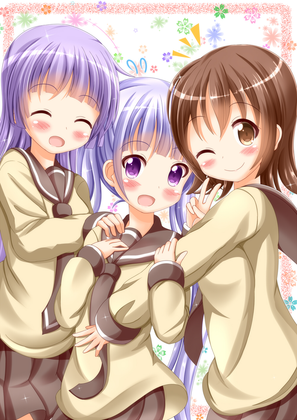 3girls :d ;) bangs blunt_bangs blush brown_hair brown_skirt closed_eyes commentary_request company_connection cosplay dougakoubou eyebrows eyebrows_visible_through_hair floral_background flying_sweatdrops girl_sandwich hand_on_another's_shoulder highres holding_arm long_hair long_sleeves looking_at_viewer manga_time_kirara multiple_girls neckerchief new_game! nishikawa_youko odagiri_futaba one_eye_closed open_mouth pleated_skirt purple_hair sandwiched sansha_san'you school_uniform serafuku short_hair skirt smile sparkle suzukaze_aoba twintails v violet_eyes zenon_(for_achieve)