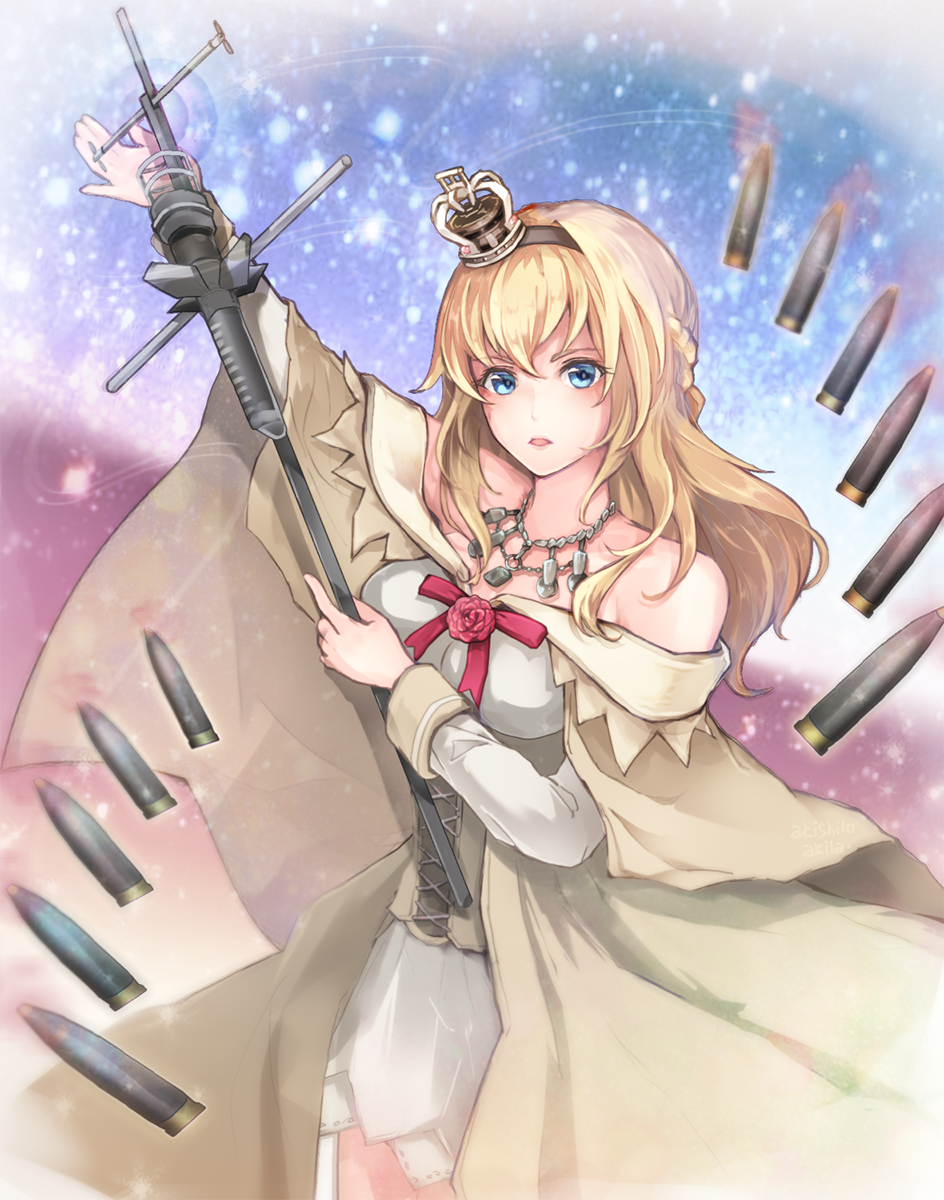 1girl akira_(aky-la) bare_shoulders blonde_hair blue_eyes braid collarbone commentary_request corset crown dress french_braid hairband highres holding jewelry kantai_collection long_hair looking_at_viewer mini_crown necklace off-shoulder_dress off_shoulder scepter solo staff warspite_(kantai_collection)