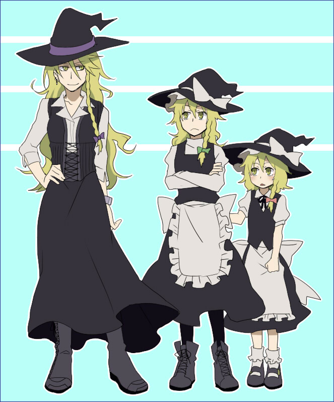 1girl :&lt; apron asymmetrical_hair blonde_hair boots bow braid child closed_mouth crossed_arms hair_bow hand_on_hip hat hat_bow kirisame_marisa kuroda_(nanchara_flight) long_hair older parted_lips side_braid time_paradox touhou waist_apron witch_hat yellow_eyes