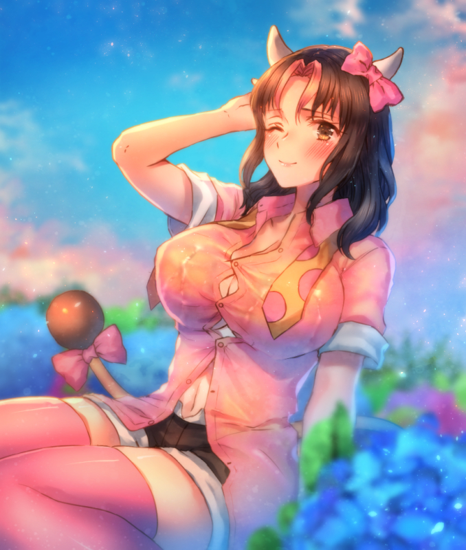 1girl animal_ears black_hair black_shorts blue_sky blurry_background bow cow_horns cow_tail hair_bow horns miltank moe_(hamhamham) multicolored_hair navel necktie necktie_removed one_eye_closed outdoors personification pink_bow pink_hair pink_legwear pink_shirt pokemon shirt shorts sitting sky solo tail thigh-highs two-tone_hair