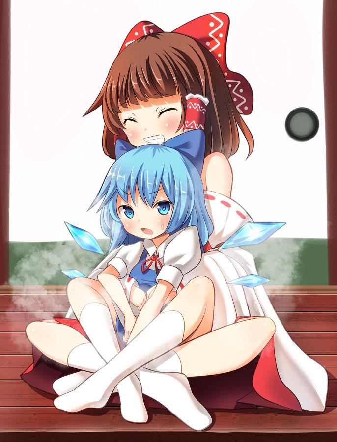 &gt;:o 2girls :o ^_^ bare_shoulders blue_bow blue_dress blue_eyes blush bow brown_hair cirno closed_eyes commentary detached_sleeves dress full_body grin hair_bow hair_tubes hakurei_reimu hug hug_from_behind ice ice_wings indian_style japanese_clothes long_hair long_sleeves looking_at_viewer miko multiple_girls neck_ribbon oimo_(imoyoukan) open_mouth puffy_short_sleeves puffy_sleeves red_bow red_ribbon ribbon ribbon-trimmed_sleeves ribbon_trim short_sleeves sitting sliding_doors smile socks steam sweat touhou white_legwear wide_sleeves wings wooden_floor