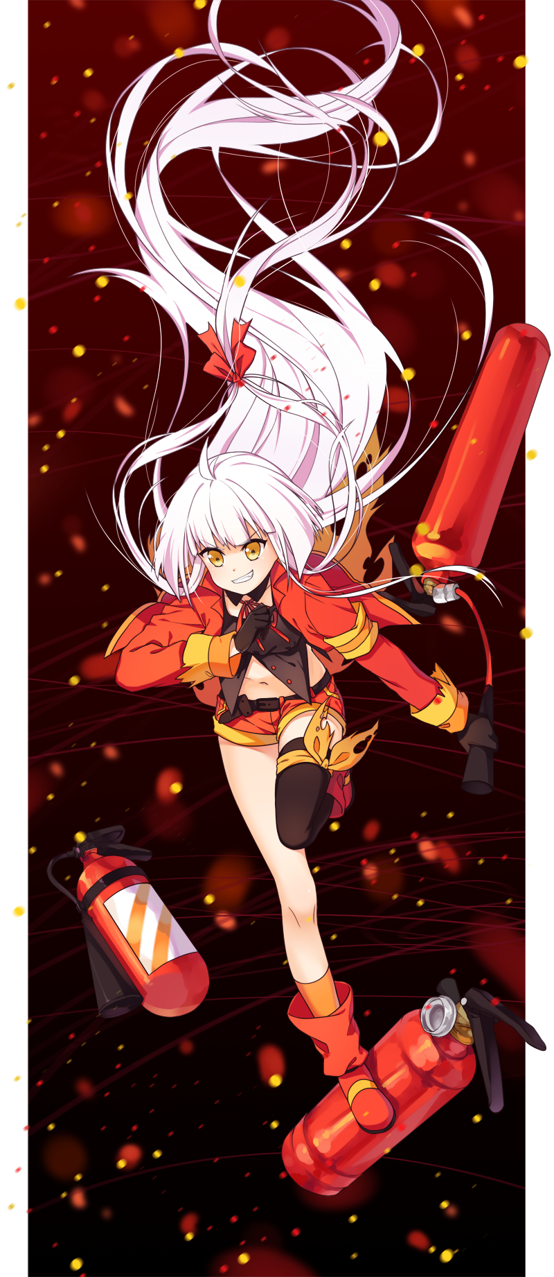 1girl asymmetrical_legwear belt black_gloves black_legwear boots extinguisher gloves grin hair_ribbon highres long_hair low-tied_long_hair midriff navel orange_legwear orange_ribbon orange_shorts original pixiv_fantasia pixiv_fantasia_t red_boots red_ribbon ribbon short_shorts shorts silver_hair smile socks solo thigh-highs torn_ribbon transistor very_long_hair yellow_eyes