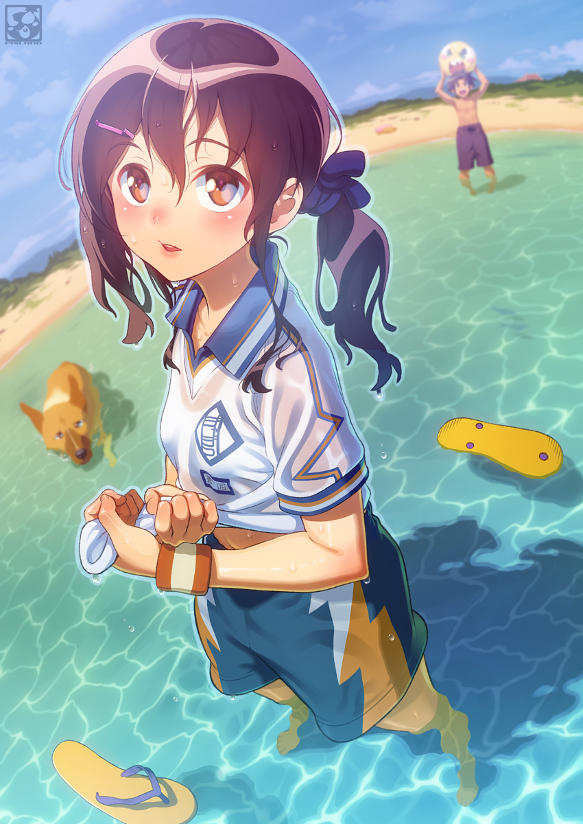 1boy 1girl :d afloat arms_up ball bare_legs barefoot beachball black_hair blue_ribbon blue_shorts blue_sky brown_eyes coast collared_shirt day dog gym_uniform hair_ornament hair_ribbon hairclip highres holding_ball low_twintails male_swimwear ocean open_mouth original outdoors pairan purple_hair ribbon sandals_removed see-through shirt shore short_hair short_sleeves shorts sky smile solo_focus standing summer sweatband swim_trunks swimwear topless twintails wading water water_drop wet wet_clothes wet_hair wet_shirt white_shirt wing_collar