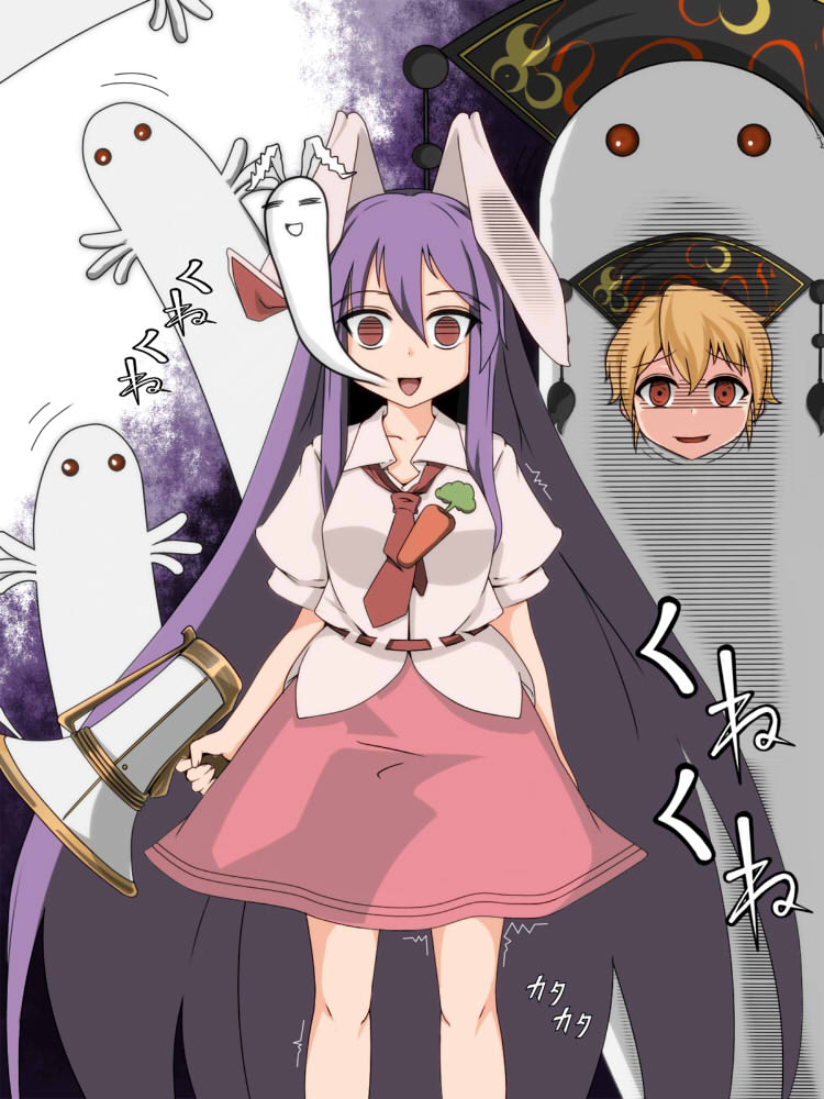 2girls animal_ears blonde_hair carrot costume crescent emanon empty_eyes giving_up_the_ghost hat hattifattener junko_(touhou) kune-kune line_shading long_hair looking_at_viewer lunatic_gun multiple_girls necktie open_mouth pink_skirt puffy_short_sleeves puffy_sleeves purple_hair rabbit_ears red_eyes red_necktie reisen_udongein_inaba shirt short_sleeves skirt smile touhou trembling twitching urban_legend_in_limbo very_long_hair white_shirt