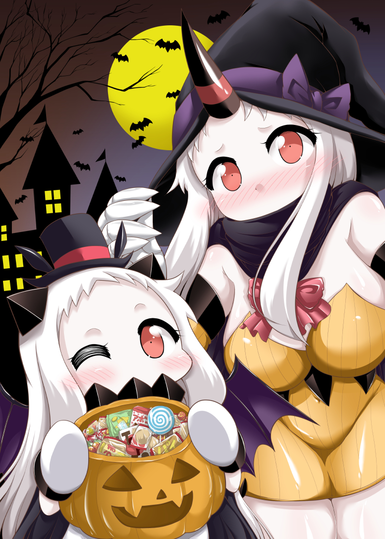 2girls adjusting_clothes adjusting_hat alternate_costume bat bat_wings blush bow bowtie breasts candy cape carrying castle claws commentary_request covered_navel covering_mouth detached_sleeves full_moon halloween hat horns huge_breasts jack-o'-lantern kantai_collection lollipop long_hair looking_at_viewer moon multiple_girls night night_sky northern_ocean_hime one_eye_closed red_eyes seaport_hime shinkaisei-kan sky snack top_hat tree_branch white_hair white_skin wings witch_hat yamato_nadeshiko