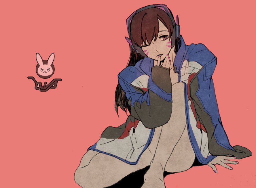 1girl arm_at_side arm_support bangs barefoot blue_jacket brown_eyes brown_hair character_name collarbone d.va_(overwatch) facepaint facial_mark finger_to_mouth hand_up headphones jacket knee_up long_hair long_sleeves looking_at_viewer nail_polish naked_coat one_eye_closed overwatch pink_background pink_nails simple_background sitting solo whisker_markings