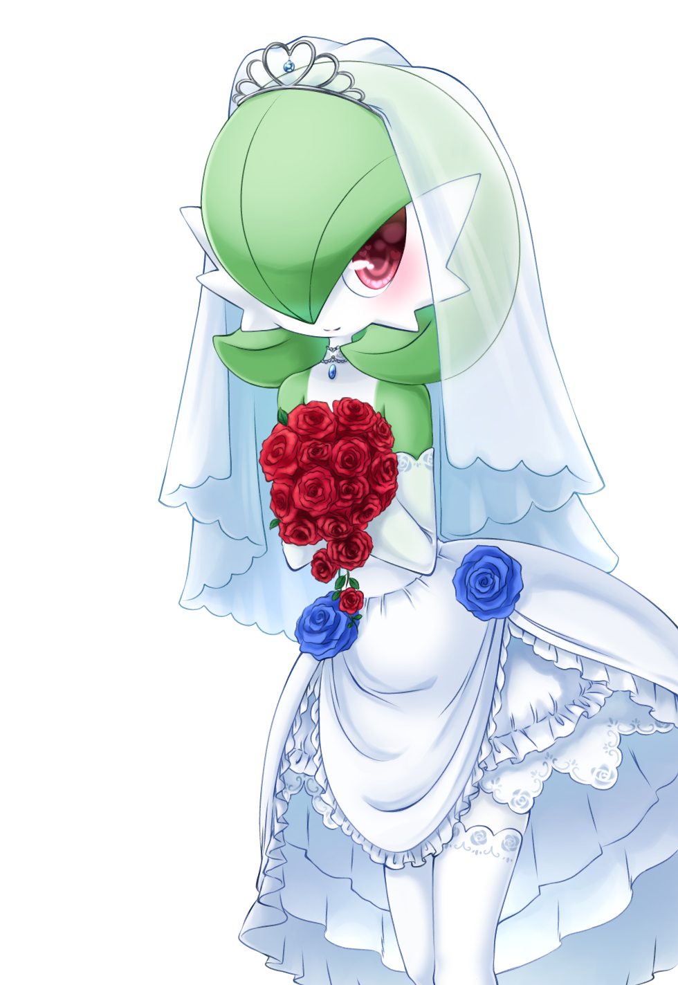1girl bare_shoulders blue_flower blue_rose blush bouquet bridal_veil choker closed_mouth clothed_pokemon colored_skin commentary_request detached_sleeves dress flat_chest floral_print flower gardevoir gem gen_3_pokemon green_skin hands_up happy heart heart_in_eye highres holding holding_bouquet layered_dress leaning_forward legs_together muguet multicolored multicolored_skin pokemon pokemon_(creature) red_eyes red_flower red_rose rose rose_print sapphire_(gemstone) see-through simple_background smile solo standing symbol_in_eye thigh-highs tiara two-tone_skin veil wedding_dress white_background white_choker white_dress white_legwear white_skin white_sleeves
