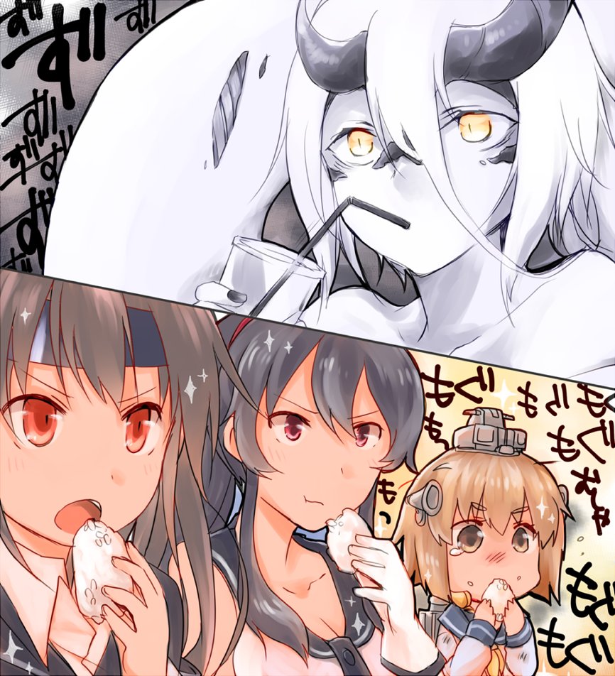 4girls black_hair brown_hair commentary_request crying crying_with_eyes_open cup drinking drinking_glass drinking_straw eating food gloves hatsushimo_(kantai_collection) headband headgear heavy_cruiser_summer_hime kantai_collection multiple_girls nail_polish onigiri red_eyes remodel_(kantai_collection) sailor_collar shinkaisei-kan suna_kiririto tears white_hair white_skin yahagi_(kantai_collection) yellow_eyes yukikaze_(kantai_collection)