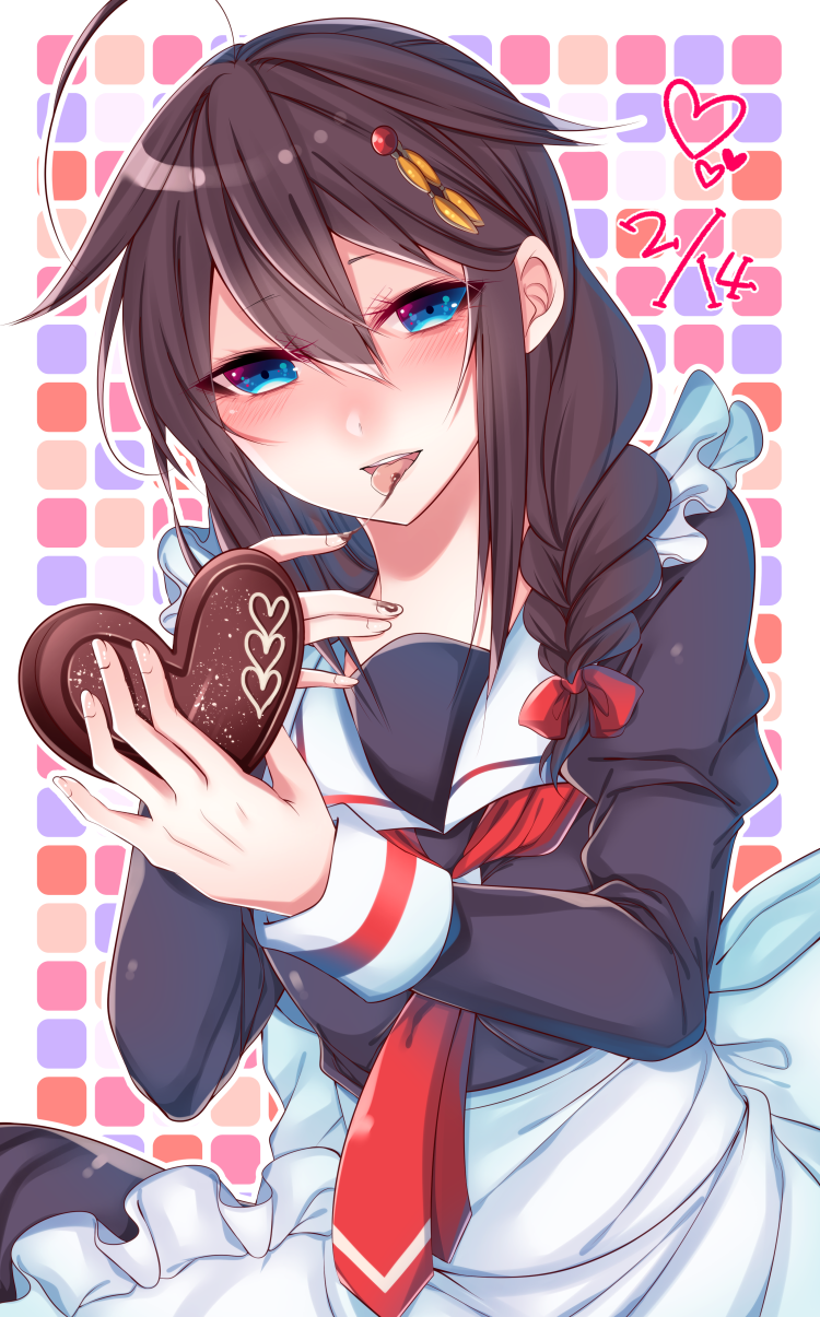 1girl :p ahoge apron black_serafuku black_shirt blue_eyes blush bow braid brown_hair chocolate chocolate_heart dated fingernails food frilled_apron frills hair_between_eyes hair_bow hair_flaps hair_ornament hairpin heart highres holding holding_food kantai_collection licking long_hair long_sleeves looking_at_viewer multicolored_background neckerchief red_bow remodel_(kantai_collection) round_teeth school_uniform serafuku shigure_(kantai_collection) shirt shisei_(kyuushoku_banchou) single_braid sleeve_cuffs solo teeth tongue tongue_out tsurime upper_body waist_apron white_apron