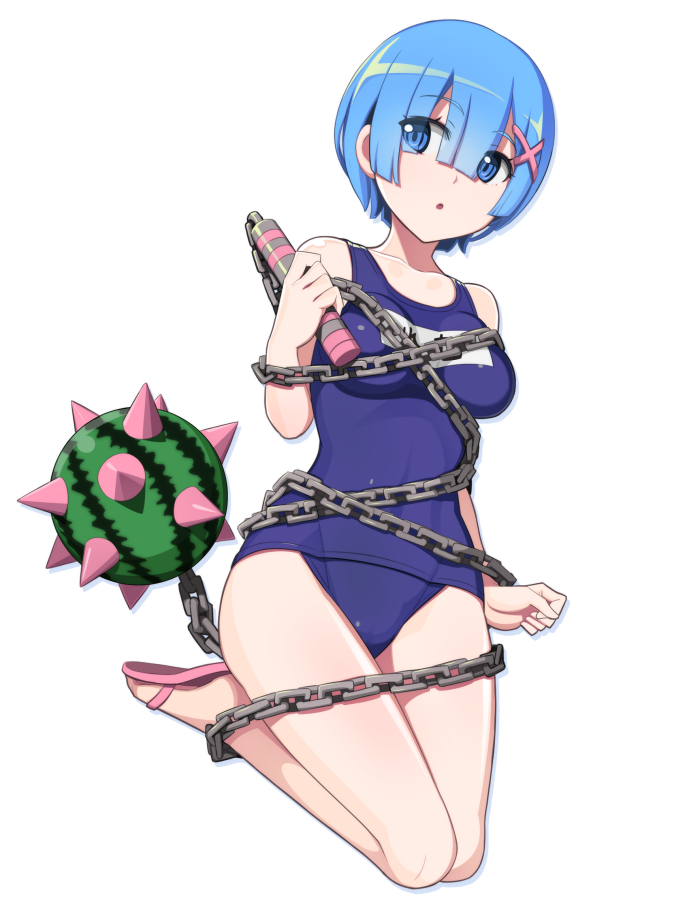 1girl :o adapted_object alternate_costume ball_and_chain bare_legs bare_shoulders blue_eyes blue_hair bound breasts chain covered_navel eyes_visible_through_hair food fruit hair_ornament hair_over_one_eye looking_to_the_side medium_breasts nanashino old_school_swimsuit re:zero_kara_hajimeru_isekai_seikatsu rem_(re:zero) sandals school_swimsuit short_hair simple_background solo spike_ball swimsuit tied_up watermelon white_background x_hair_ornament