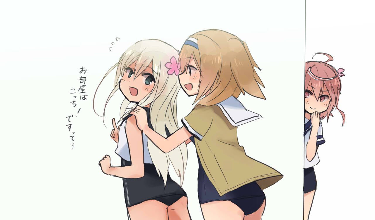 3girls :d ahoge annin_musou bangs blonde_hair brown_eyes brown_hair flower grey_eyes hair_flower hair_ornament hairband hand_to_own_mouth hands_on_another's_shoulders i-26_(kantai_collection) i-58_(kantai_collection) index_finger_raised kantai_collection long_hair multiple_girls old_school_swimsuit open_mouth peeking_out pink_eyes pink_hair ro-500_(kantai_collection) school_swimsuit school_uniform serafuku short_hair sketch smile swimsuit swimsuit_under_clothes translated white_background