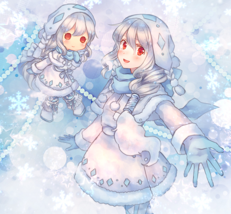 :d blue_scarf braid character_doll full_body gloves hair_tubes long_hair looking_at_viewer moe_(hamhamham) open_mouth outstretched_hand personification pokemon red_eyes scarf smile snowflakes standing vanilluxe white_hair winter_clothes