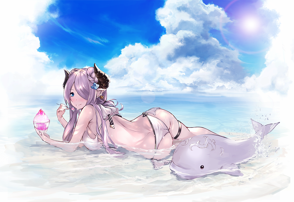 1girl ass bikini blue_eyes blue_sky butt_crack clouds cloudy_sky day earrings granblue_fantasy hair_ornament hair_over_one_eye hair_over_shoulder horns jewelry lavender_hair long_hair lying narumeia_(granblue_fantasy) on_side outdoors partially_submerged pointy_ears ramuda_(guilty931) shaved_ice sky smile solo spoon sun swimsuit thigh_strap whale white_bikini