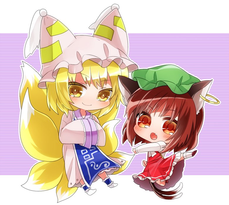 2girls animal_ears blonde_hair blush brown_eyes brown_hair brown_shoes cat_ears cat_tail chen chibi closed_mouth commentary_request dress fang fox_tail full_body hands_in_sleeves hat jewelry juliet_sleeves kasuura_(cacula) kyuubi long_sleeves looking_at_viewer mob_cap multiple_girls multiple_tails nekomata open_mouth pillow_hat puffy_sleeves red_dress shoes short_hair single_earring smile socks tabard tail tassel touhou white_dress white_legwear wide_sleeves yakumo_ran yellow_eyes