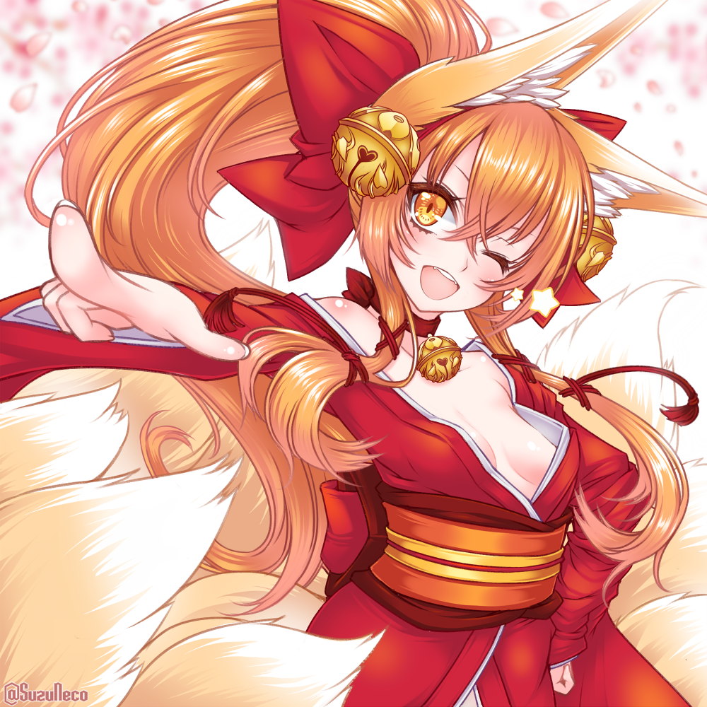 1girl ;d animal_ears bad_perspective bell bell_choker blurry blush bow breasts cherry_blossoms choker commentary_request depth_of_field eyelashes eyeliner foreshortening fox_ears fox_girl fox_tail hair_bell hair_bow hair_ornament hair_ribbon hand_on_hip head_tilt japanese_clothes jingle_bell kimono kyuubi long_hair long_sleeves looking_at_viewer makeup multiple_tails no_bra obi one_eye_closed open_mouth orange_hair original petals pointing ponytail red_bow red_kimono red_ribbon ribbon sash sidelocks small_breasts smile solo star suzuneko_(yume_no_kyoukai) tail tress_ribbon twitter_username upper_body wide_sleeves