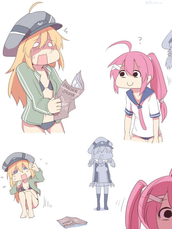 /\/\/\ 3girls ? ahoge bikini bismarck_(kantai_collection) black_bikini black_eyes blonde_hair blue_eyes closed_mouth clothes_writing commentary_request empty_eyes frown hat i-168_(kantai_collection) jacket kantai_collection long_hair long_sleeves multiple_girls o_o one-piece_swimsuit open_mouth peaked_cap pink_hair prinz_eugen_(kantai_collection) school_swimsuit school_uniform serafuku silver_bell_(artist) simple_background smile swimsuit swimsuit_under_clothes track_jacket twintails white_background