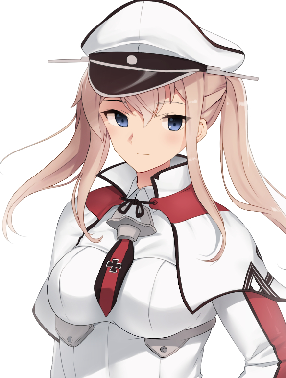 1girl anchor blonde_hair blue_eyes breasts capelet celtic_knot cross eiru0517 graf_zeppelin_(kantai_collection) hair_between_eyes hat impossible_clothes iron_cross jacket kantai_collection large_breasts long_sleeves looking_at_viewer military military_hat military_uniform necktie peaked_cap sidelocks simple_background smile solo twintails uniform upper_body white_background