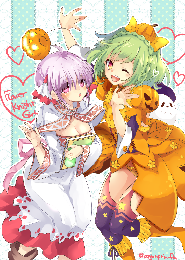 2girls ;d ahoge book boots bow braid breasts cleavage copyright_name crown_braid cyclamen_(flower_knight_girl) dress flower_knight_girl food_themed_clothes food_themed_hair_ornament ghost green_hair hair_bow hair_ornament hair_ribbon heart ibuki_hasu knee_boots lavender_hair looking_at_viewer multiple_girls one_eye_closed open_mouth orange_boots orange_eyes orange_skirt panties pepo_(flower_knight_girl) pink_bow pumpkin_hair_ornament purple_legwear ribbon short_hair skirt smile striped striped_background thigh-highs twitter_username underwear violet_eyes white_dress yellow_bow yellow_panties