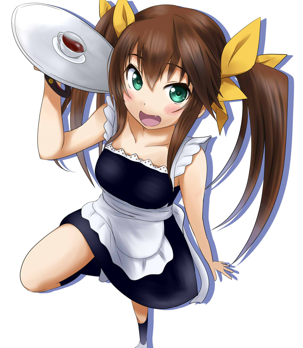1girl apron black_legwear brown_hair coffee coffee_cup collarbone eyebrows eyebrows_visible_through_hair fang green_eyes hair_ribbon huang_lingyin infinite_stratos long_hair looking_at_viewer maid one_leg_raised open_mouth ribbon ryuusama simple_background socks solo twintails white_apron white_background yellow_ribbon