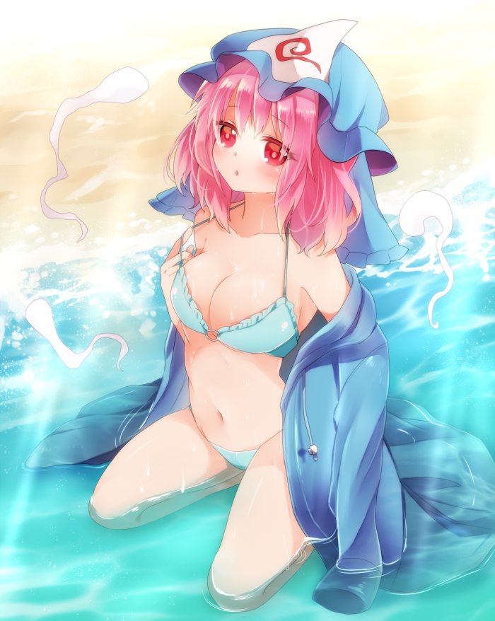 1girl :o alternate_costume armpits beach bikini blue_bikini blush breasts cleavage collarbone commentary_request hat hitodama jacket jacket_off_shoulders kasuura_(cacula) looking_at_viewer medium_breasts mob_cap navel open_clothes open_jacket partially_submerged pink_eyes pink_hair pulled_by_self saigyouji_yuyuko seiza short_hair sitting solo stomach strap_pull sunlight swimsuit touhou triangular_headpiece wet