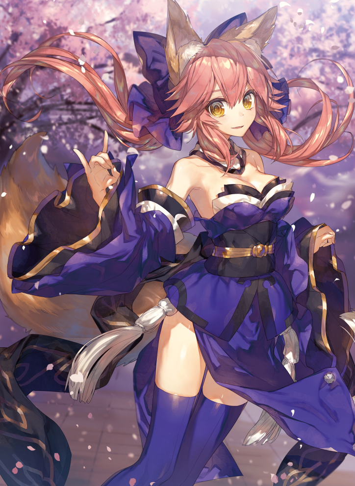 1girl animal_ears blue_legwear bow breasts caster_(fate/extra) cherry_blossoms chokoan_(tyokoa4649) cleavage detached_collar detached_sleeves fate/extella fate/extra fate_(series) fox_ears fox_shadow_puppet fox_tail hair_bow japanese_clothes long_hair looking_at_viewer medium_breasts obi outdoors parted_lips pavement petals pink_hair sash sidelocks solo tail thigh-highs tree twintails wide_sleeves yellow_eyes