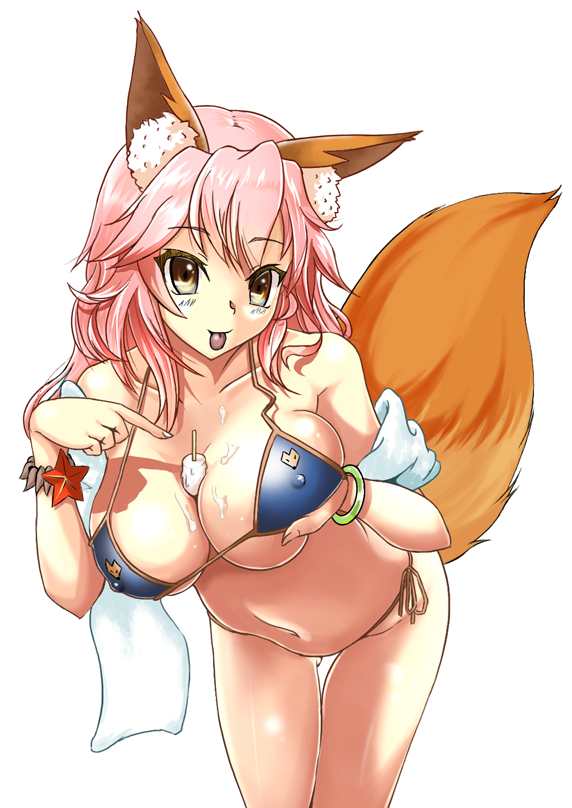 1girl animal_ears bikini breast_hold breasts caster_(fate/extra) cleavage covered_nipples eitarou2828 fate/extra fate/grand_order fate_(series) fox_ears fox_tail ice large_breasts looking_at_viewer navel pink_hair simple_background solo swimsuit tail tongue tongue_out white_background yellow_eyes