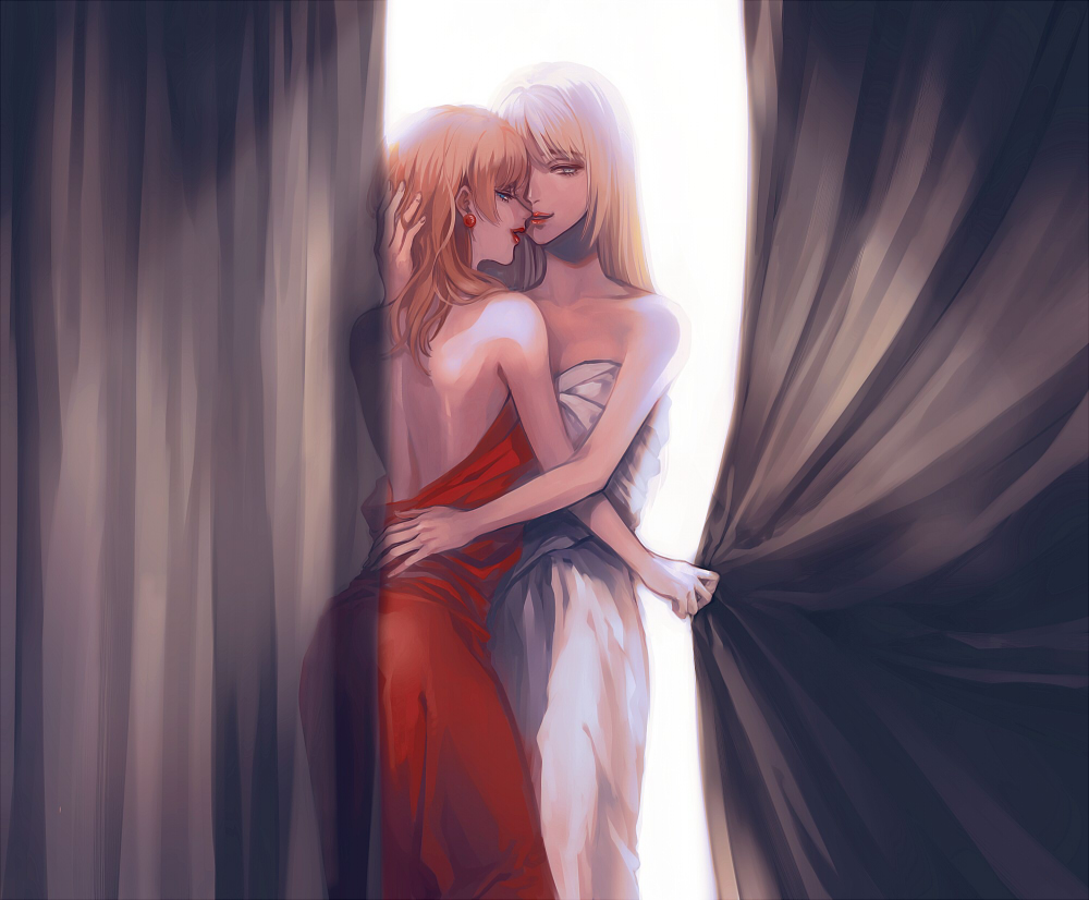 2girls back bare_shoulders blonde_hair blue_eyes collarbone curtain_grab curtains dress earrings half-closed_eyes hand_in_another's_hair hand_on_another's_back hand_on_another's_head jewelry kurosujuu lipstick long_hair looking_at_viewer looking_back luna_(sound_horizon) makeup multiple_girls nein_(album) open-back_dress parted_lips red_dress sleeveless sleeveless_dress smile sound_horizon stella_(sound_horizon) strapless strapless_dress white_dress yuri