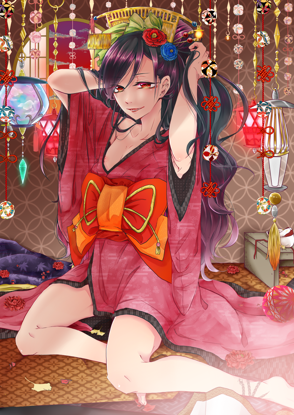 1boy hair_ornament highres japanese_clothes kimono lipstick long_hair looking_at_viewer makeup nipples obi oiran original purple_hair red_eyes sash smile solo trap umehitonekomi