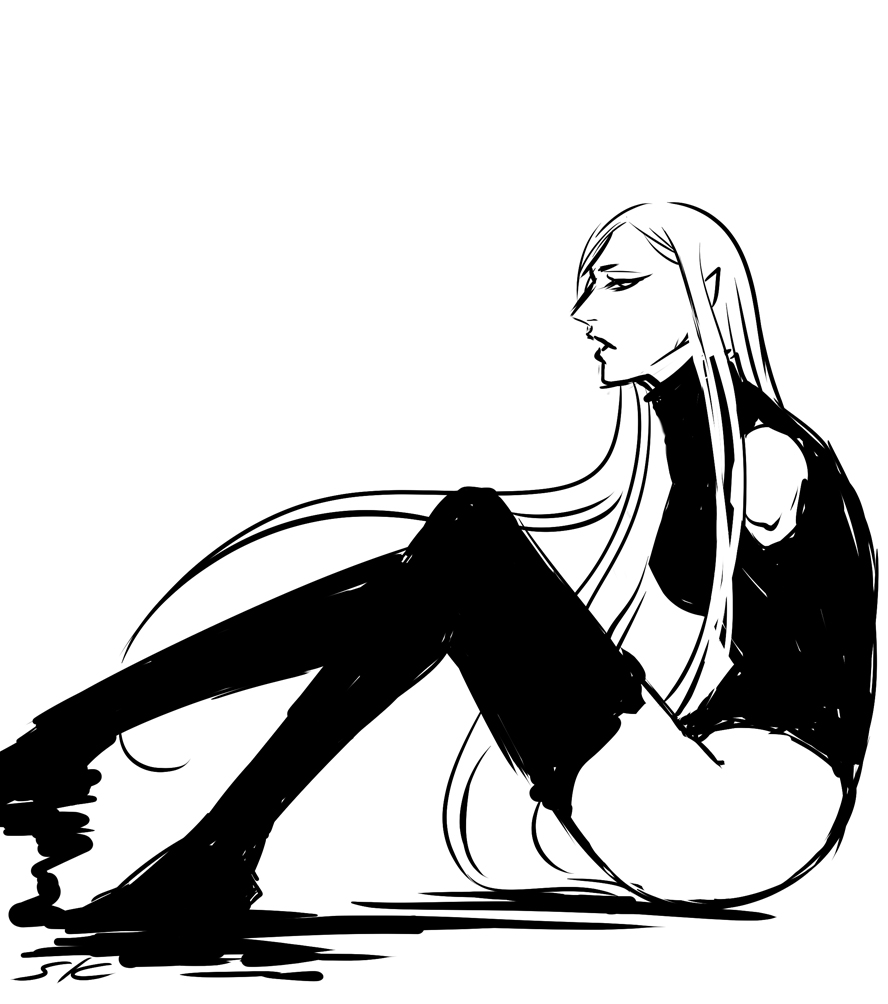 1girl amputee claymore greyscale irene long_hair monochrome pointy_ears sitting sketch solo tazan thigh-highs thighs white_background