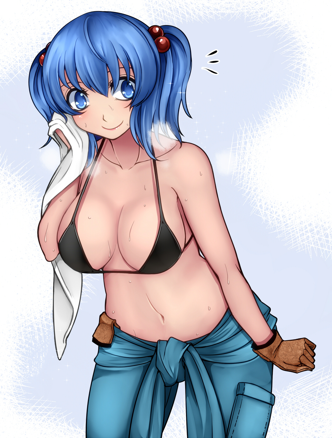 /\/\/\ 1girl aoshima bangs bare_arms bare_shoulders bikini bikini_top black_bikini blue_eyes blue_hair blue_pants breasts brown_gloves cleavage closed_mouth clothes_around_waist collarbone commentary_request cowboy_shot gloves hair_between_eyes hair_bobbles hair_ornament highres hot jumpsuit kawashiro_nitori large_breasts leaning_to_the_side legs_apart looking_at_viewer midriff navel pants pink_lips pocket shirt_around_waist single_glove smile solo strap_gap sweat swimsuit touhou towel twintails two_side_up wiping_face wiping_sweat