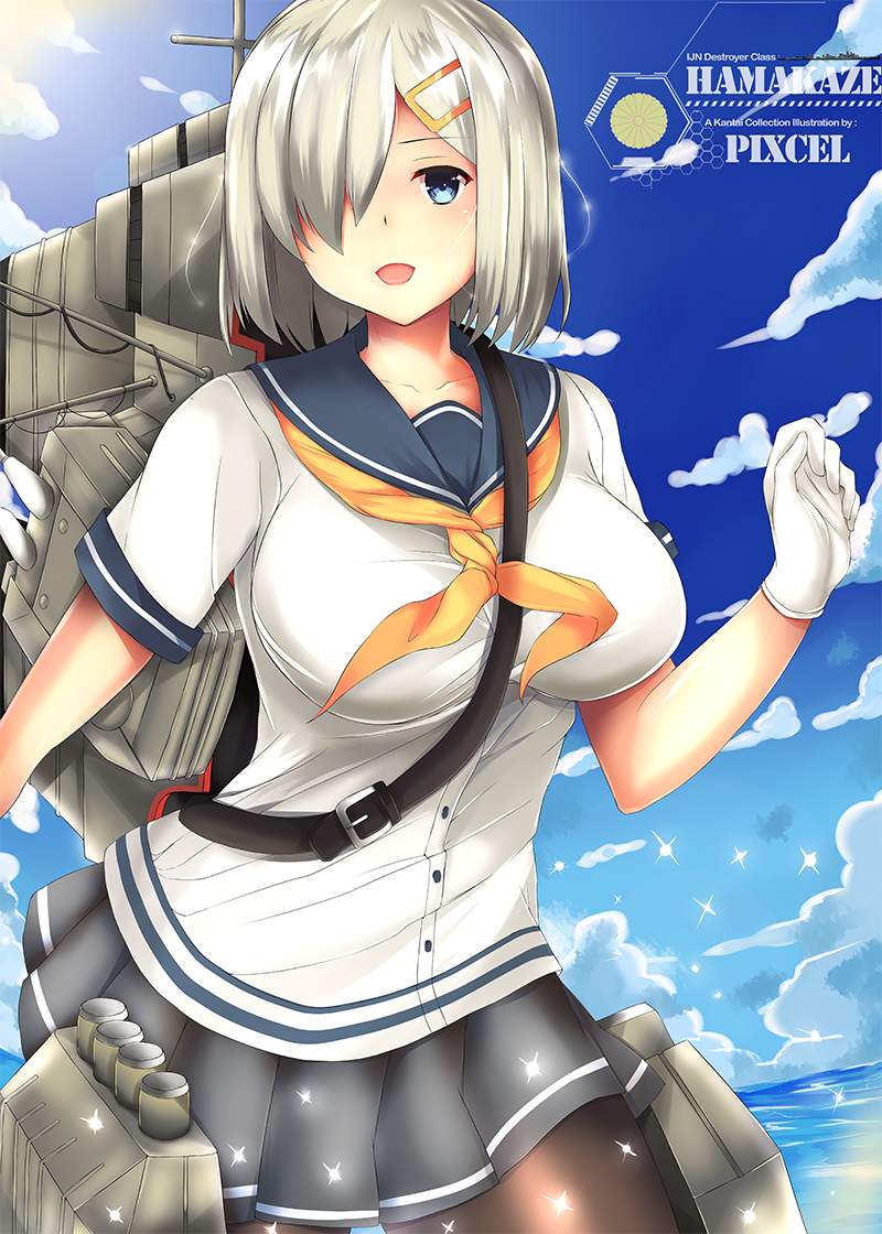 1girl artist_name black_legwear blue_eyes blue_sky breasts buttons character_name clouds gloves hair_ornament hair_over_one_eye hairclip hamakaze_(kantai_collection) kantai_collection large_breasts looking_at_viewer machinery neckerchief open_mouth pantyhose pixcel pleated_skirt school_uniform serafuku short_hair silver_hair skirt sky solo sparkle water white_gloves