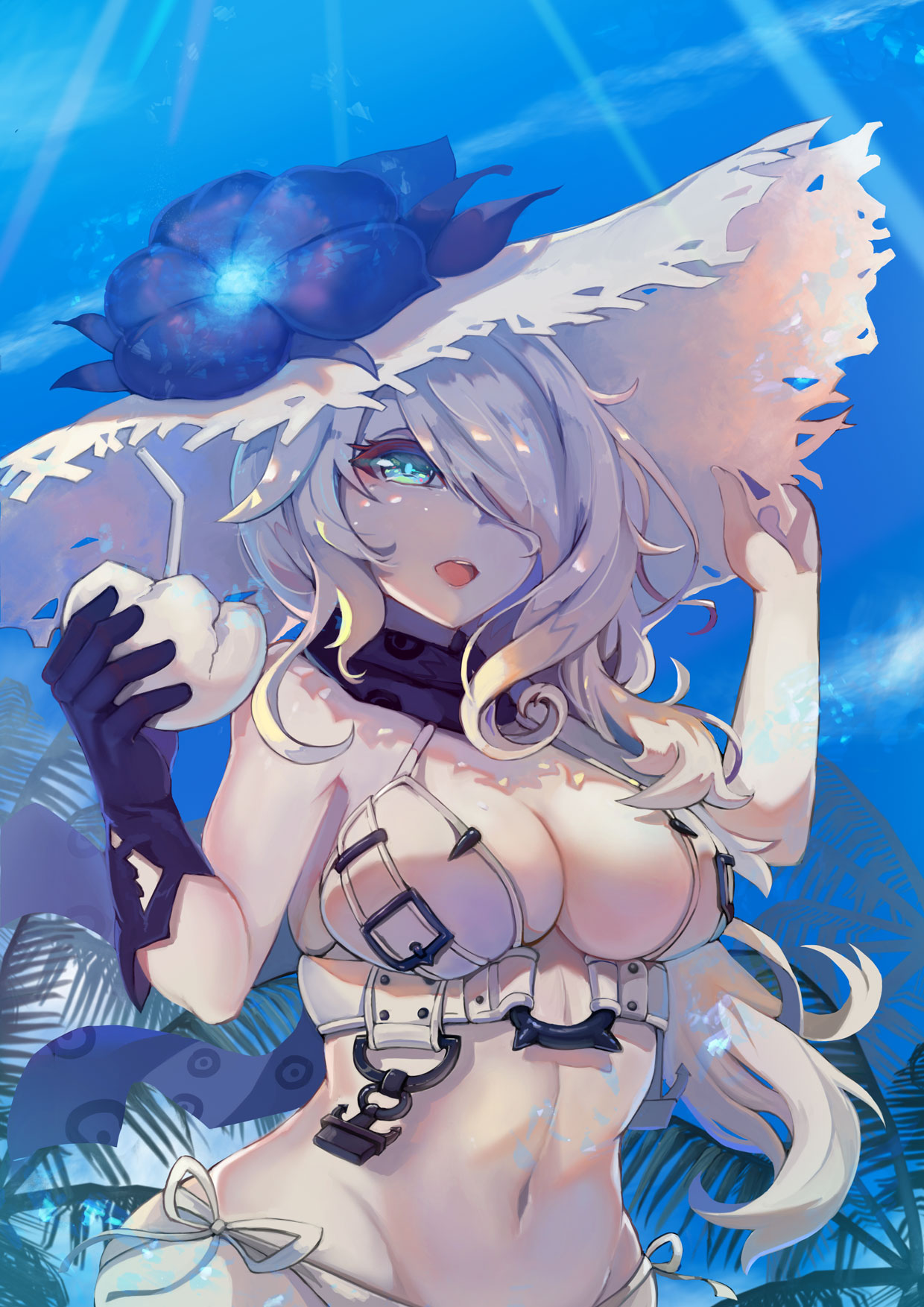 1girl adjusting_clothes adjusting_hat arms_up bikini black_gloves blue_eyes blue_sky breasts cleavage clouds day drinking_straw flower gloves hair_over_one_eye hand_on_headwear hat hat_flower highres kantai_collection large_breasts long_hair looking_at_viewer navel open_mouth outdoors palm_tree seaport_summer_hime shinkaisei-kan side-tie_bikini single_glove sky smile solo sun_hat sunlight swimsuit tree upper_body vococo white_bikini white_hair white_hat