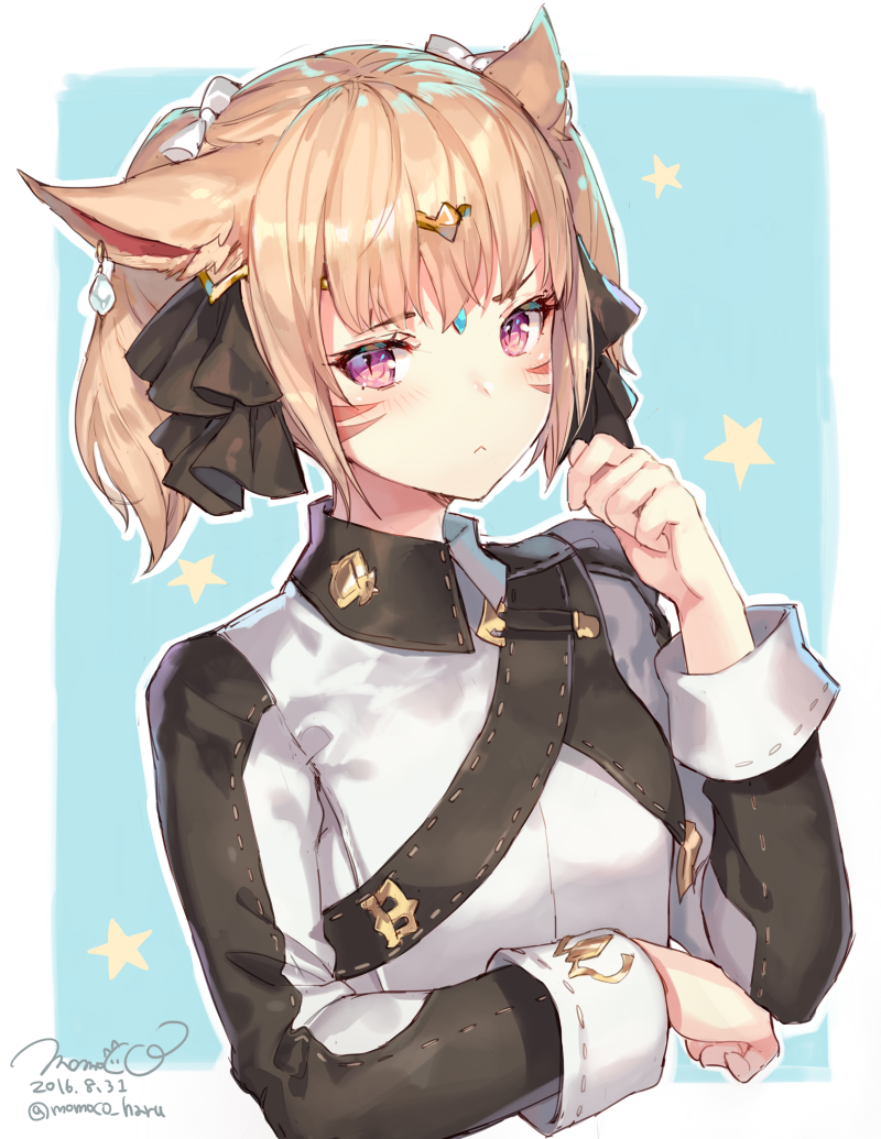 1girl :&lt; alternate_hairstyle animal_ears artist_name bangs blonde_hair blush bow cat_ears dated earrings facial_mark final_fantasy final_fantasy_xiv hair_bow jewelry looking_at_viewer miqo'te momoko_(momopoco) short_twintails solo star starry_background twintails twitter_username two-tone_background uniform violet_eyes white_bow