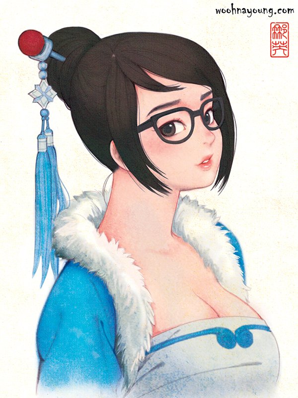1girl adapted_costume bangs beads black-framed_eyewear breasts cleavage coat dress fur_coat fur_collar fur_trim glasses hair_bun hair_ornament hair_stick large_breasts lips long_sleeves looking_at_viewer mei_(overwatch) nayoung_wooh overwatch parted_lips pink_lips sidelocks sleeveless sleeveless_dress snake_hair_ornament solo tassel traditional_clothes upper_body watermark web_address