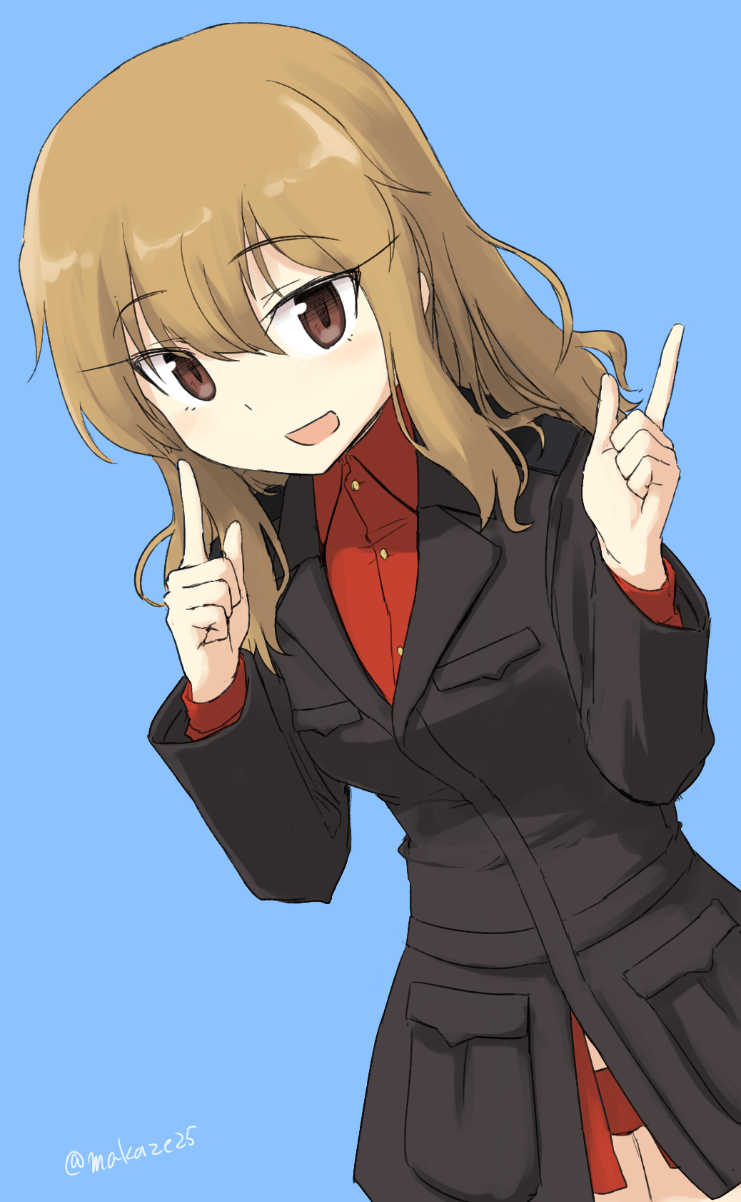 1girl :d black_cape blue_background breasts brown_eyes brown_hair eyebrows eyebrows_visible_through_hair fernandia_malvezzi highres long_hair long_sleeves makaze_(t-junction) military military_uniform open_mouth panties pointing pointing_up red_panties red_shirt shirt signature simple_background smile solo strike_witches underwear uniform world_witches_series