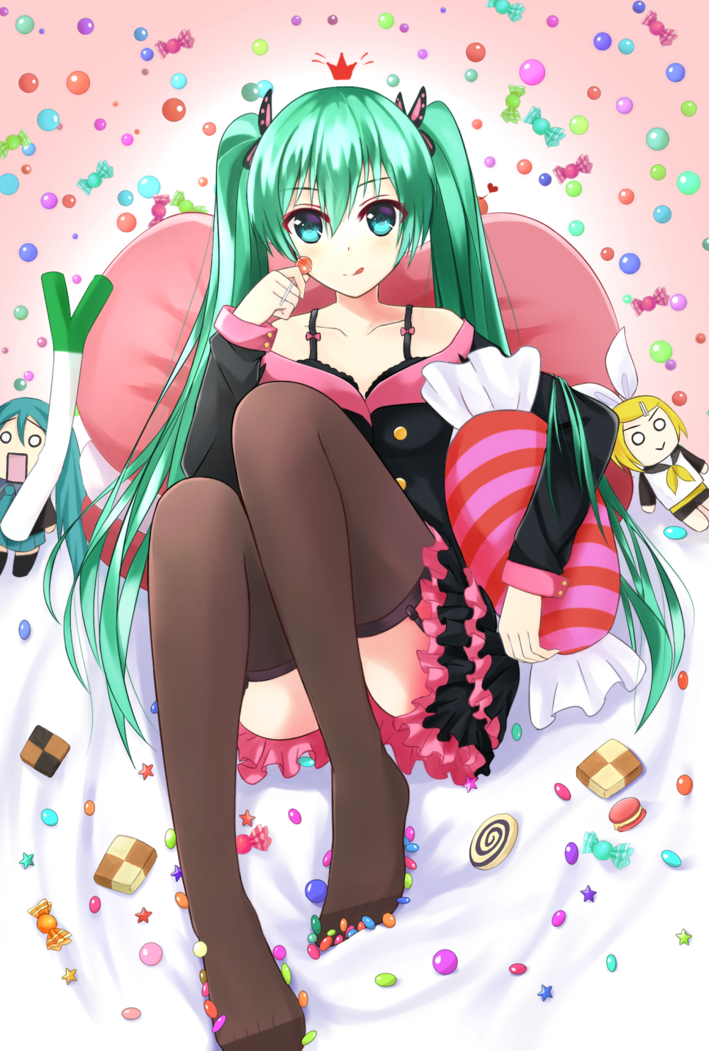 1girl :q aqua_eyes bra candy character_doll checkerboard_cookie cookie food garter_straps green_hair hatsune_miku highres kagamine_rin lollipop long_hair looking_at_viewer macaron o_o project_diva_(series) project_diva_f rko_(a470350510) sitting solo spring_onion sweet_devil_(vocaloid) thigh-highs tongue tongue_out twintails underwear very_long_hair vocaloid