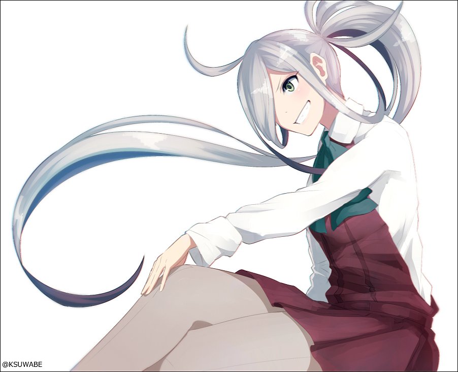 1girl ahoge asashimo_(kantai_collection) ascot commentary_request dress grey_eyes grin hair_over_one_eye hand_on_own_knee kantai_collection kei-suwabe multicolored_hair pantyhose ponytail purple_hair school_uniform shirt sidelocks silver_hair sitting sketch sleeveless sleeveless_dress smile twitter_username white_background white_shirt