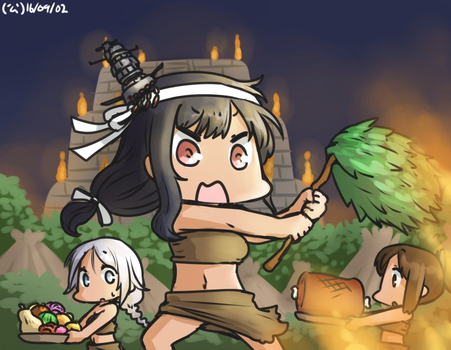 3girls alternate_costume black_hair blue_eyes boned_meat braid brown_eyes brown_hair carrying commentary dated food fruit hair_ornament hamu_koutarou headband i-401_(kantai_collection) kantai_collection long_hair low-tied_long_hair meat midriff multiple_girls navel open_mouth ponytail pyramid red_eyes sarong silver_hair single_braid squash sweatdrop tribal umikaze_(kantai_collection) yamashiro_(kantai_collection)